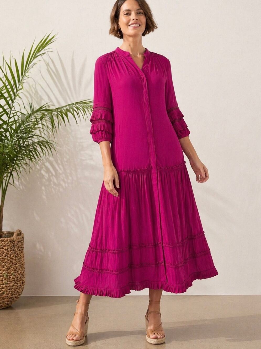 Chico’s NWT Pleated Tiered Maxi Dress Orchid Pink Flowy Boho Size 1 (8/10)